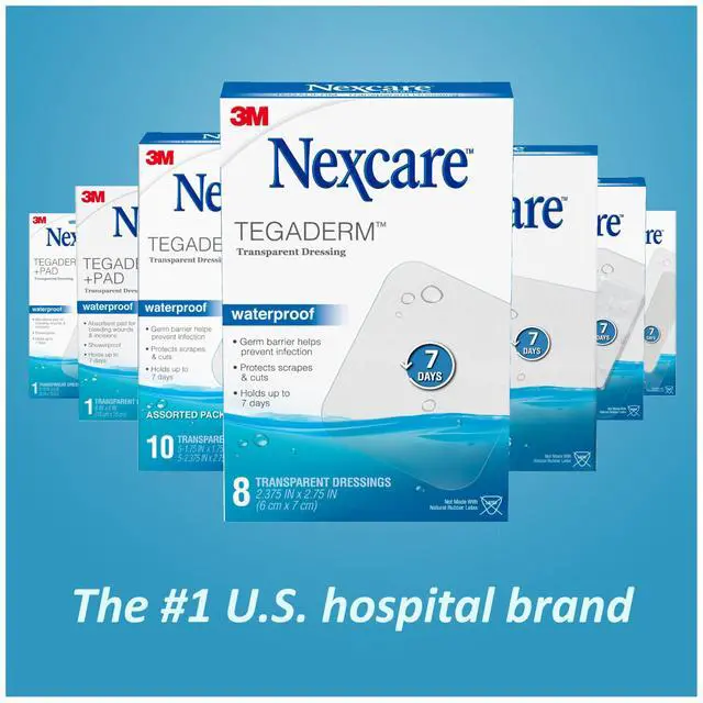 Alt view image 7 of 7 - Nexcare Tegaderm Waterproof Transparent Dressing, Dirtproof, Germproof, Provides Protection To Minor Burns, Scrapes, Cuts, Blisters And Abrasions, 2.375 x 2.75 in, 8 Count