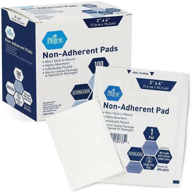 Main image of MED PRIDE Sterile Non Stick Pads for Wound Care and Wounds, Highly Absorbent, Painless Removal, Individually Wrapped (3x4 Inch (Pack of 100))