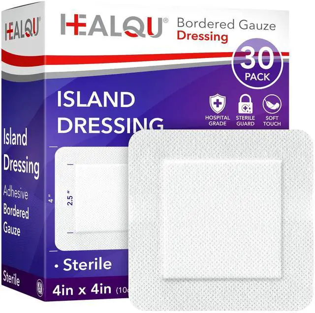 Main image of HEALQU Island Dressing - 4"x4", 30 Count - Bordered Gauze Sterile Individually Wrapped Gauze Pads, Water-Resistant, Non-Woven Backing - Soft and Breathable Wound Dressing for First Aid and Medical