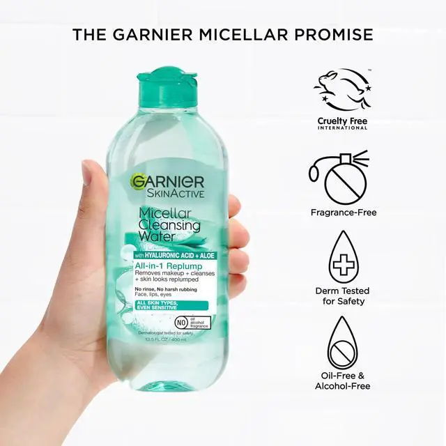 Alt view image 5 of 7 - Garnier Micellar Water with Hyaluronic Acid, Facial Cleanser & Makeup Remover, Hydrating and Plumping, For All Skin Types, Vegan, Cruelty Free, 13.5 Fl Oz (400mL), 1 Count