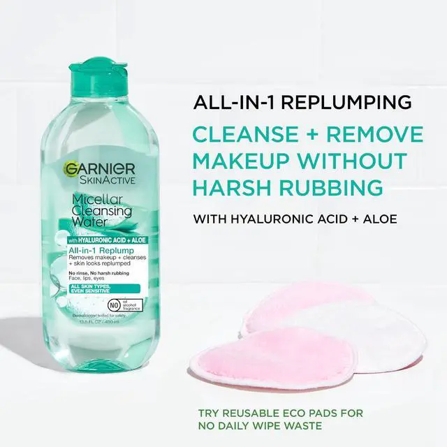 Alt view image 2 of 7 - Garnier Micellar Water with Hyaluronic Acid, Facial Cleanser & Makeup Remover, Hydrating and Plumping, For All Skin Types, Vegan, Cruelty Free, 13.5 Fl Oz (400mL), 1 Count