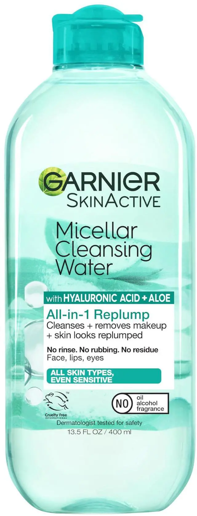 Main image of Garnier Micellar Water with Hyaluronic Acid, Facial Cleanser & Makeup Remover, Hydrating and Plumping, For All Skin Types, Vegan, Cruelty Free, 13.5 Fl Oz (400mL), 1 Count