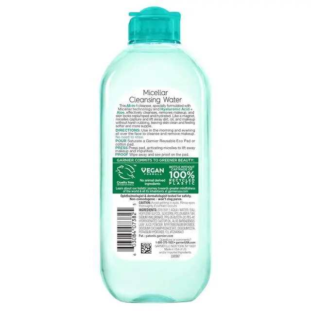 Alt view image 7 of 7 - Garnier Micellar Water with Hyaluronic Acid, Facial Cleanser & Makeup Remover, Hydrating and Plumping, For All Skin Types, Vegan, Cruelty Free, 13.5 Fl Oz (400mL), 1 Count