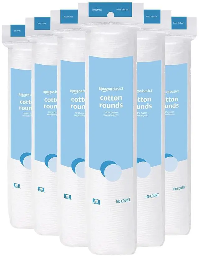 Main image of Amazon Basics Hypoallergenic 100% Cotton Rounds for Makeup Remover and Skincare, All Skin Types, 600 Count, 6 Packs of 100 Count