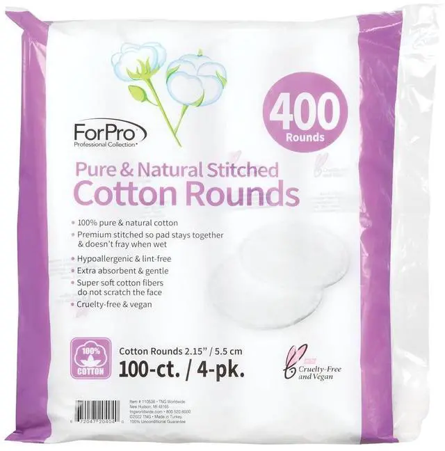 Alt view image 2 of 7 - ForPro Pure & Natural Stitched Cotton Rounds for Face (400-Count), 100% Pure Cotton Makeup Remover Pads, Hypoallergenic, Lint-Free, Vegan & Cruelty-Free, Pack of 4-100 Cotton Pads