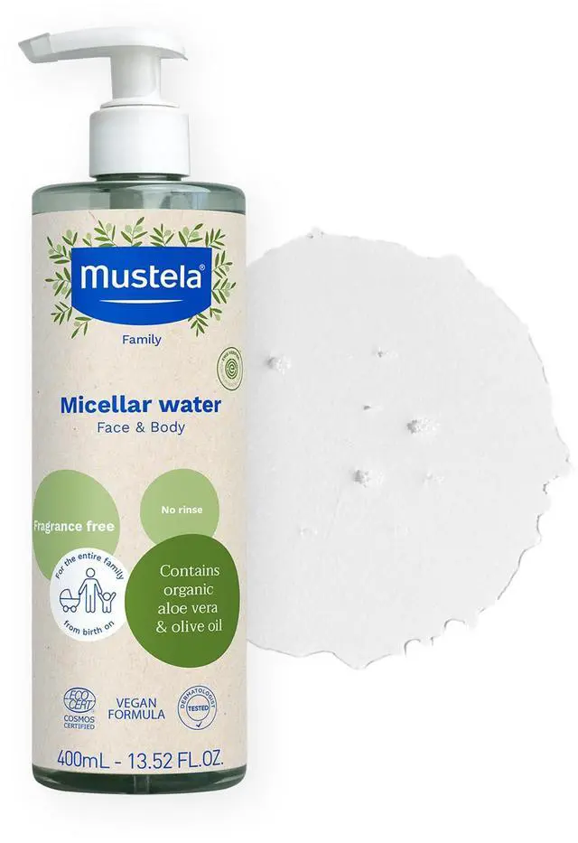 Main image of Mustela Certified Organic Micellar Cleansing Water -No-Rinse Natural Water Cleanser w/Olive Oil & Aloe Vera - For Baby, Kid & Adult - Fragrance Free, EWG Verified & Vegan -13.5 oz-Packaging may vary