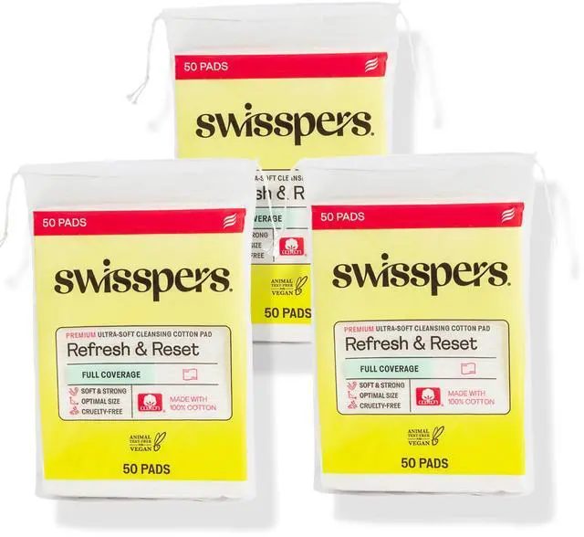 Main image of Swisspers Premium Facial Cleansing Pad, 100% Cotton, Ultra Soft, Extra Large, 50 White Pads per Reclosable Bag, 3 Bags (150 Pads Total)