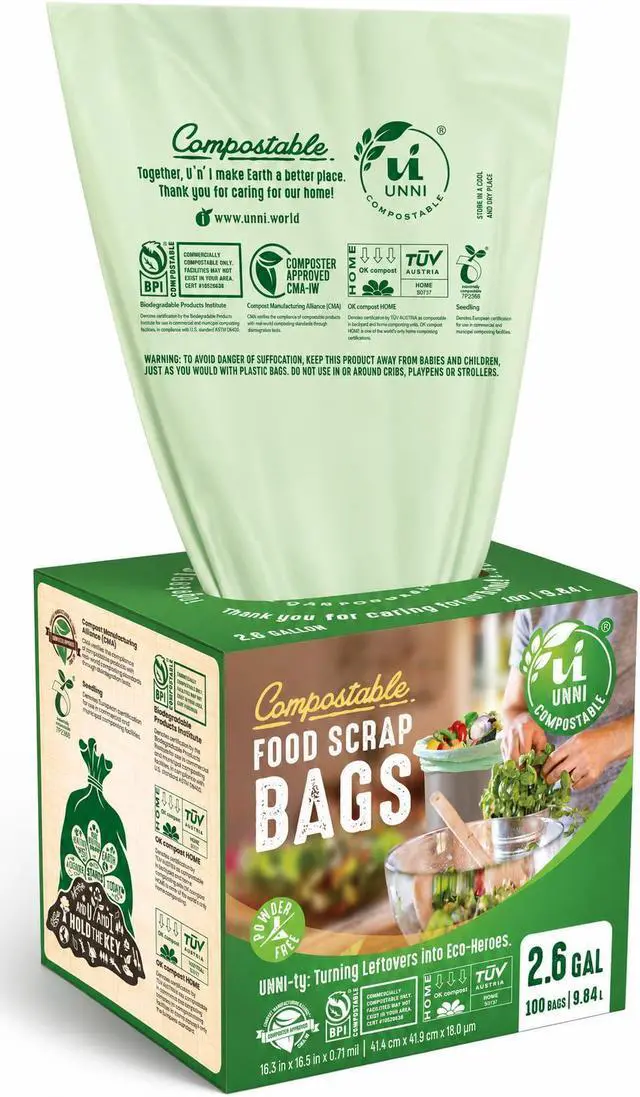 Main image of UNNI Compostable Trash Bags, 2.6 Gallon / 9.84 Liter, 100 Count, Extra Thick 0.71 Mil Small Kitchen Food Scrap Bin Liners, Certified by BPI, CMA & OK compost HOME, Meets the ASTM D6400 Standard
