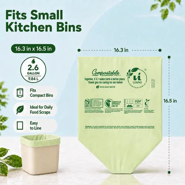 Alt view image 3 of 7 - UNNI Compostable Trash Bags, 2.6 Gallon / 9.84 Liter, 100 Count, Extra Thick 0.71 Mil Small Kitchen Food Scrap Bin Liners, Certified by BPI, CMA & OK compost HOME, Meets the ASTM D6400 Standard