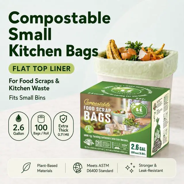 Alt view image 2 of 7 - UNNI Compostable Trash Bags, 2.6 Gallon / 9.84 Liter, 100 Count, Extra Thick 0.71 Mil Small Kitchen Food Scrap Bin Liners, Certified by BPI, CMA & OK compost HOME, Meets the ASTM D6400 Standard