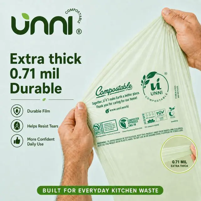 Alt view image 4 of 7 - UNNI Compostable Trash Bags, 2.6 Gallon / 9.84 Liter, 100 Count, Extra Thick 0.71 Mil Small Kitchen Food Scrap Bin Liners, Certified by BPI, CMA & OK compost HOME, Meets the ASTM D6400 Standard