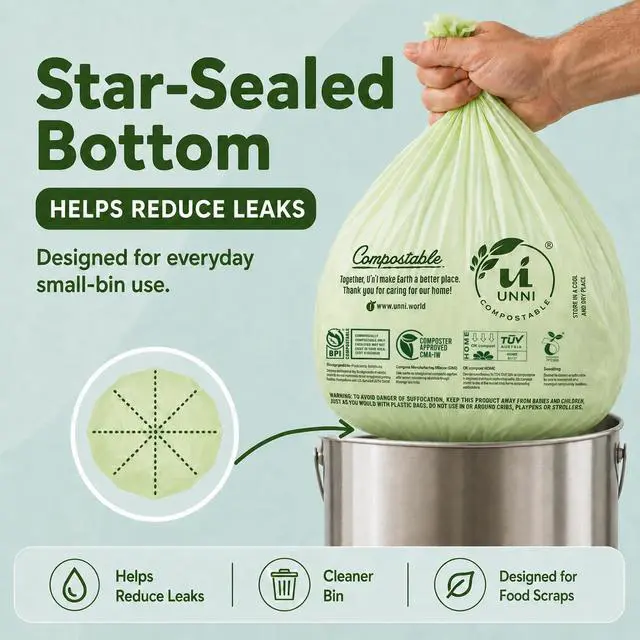 Alt view image 5 of 7 - UNNI Compostable Trash Bags, 2.6 Gallon / 9.84 Liter, 100 Count, Extra Thick 0.71 Mil Small Kitchen Food Scrap Bin Liners, Certified by BPI, CMA & OK compost HOME, Meets the ASTM D6400 Standard