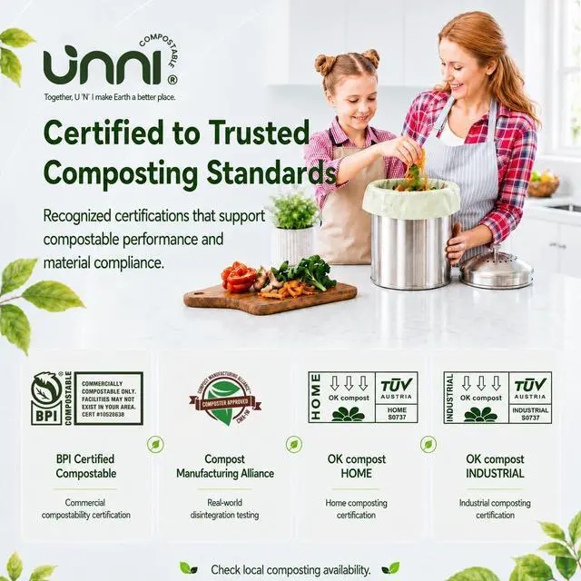 Alt view image 6 of 7 - UNNI Compostable Trash Bags, 2.6 Gallon / 9.84 Liter, 100 Count, Extra Thick 0.71 Mil Small Kitchen Food Scrap Bin Liners, Certified by BPI, CMA & OK compost HOME, Meets the ASTM D6400 Standard