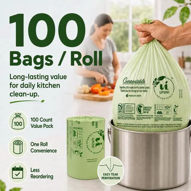 Alt view image 7 of 7 - UNNI Compostable Trash Bags, 2.6 Gallon / 9.84 Liter, 100 Count, Extra Thick 0.71 Mil Small Kitchen Food Scrap Bin Liners, Certified by BPI, CMA & OK compost HOME, Meets the ASTM D6400 Standard