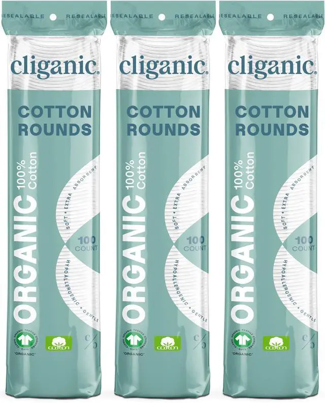 Main image of Cliganic Organic Cotton Rounds (300 Count) Makeup Remover Pads, Hypoallergenic, Lint-Free | 100% Pure Cotton