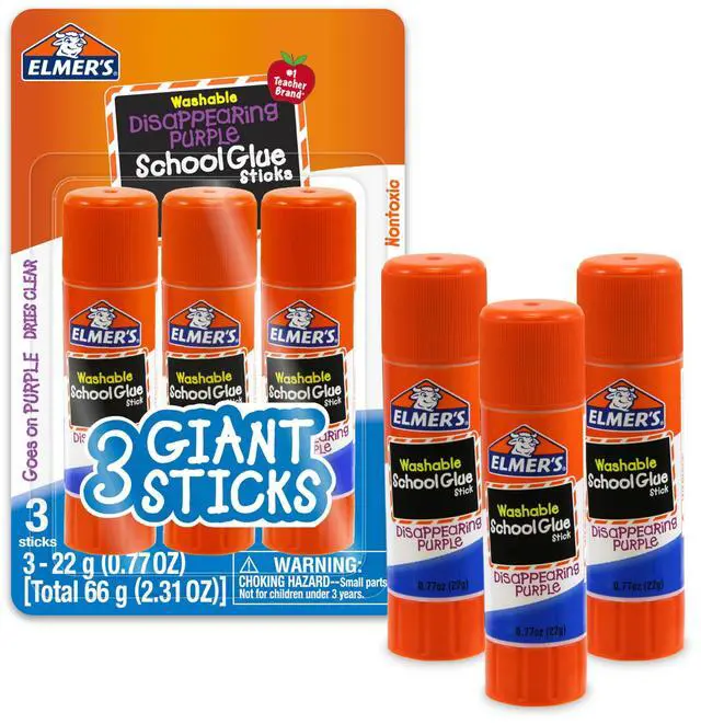 Main image of Elmer's Disappearing Purple School Glue Sticks, Washable, 22 Grams, 3 Count - Poster, Vision Board, Back to School Supplies, #1 Teacher Brand