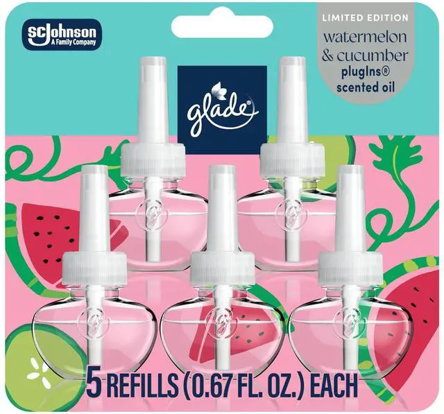 Main image of PlugIns Refills Air Freshener, Watermelon & Cucumber, Scented and Essential Oils for Home and Bathroom, 0.67 Fl Oz, 5 Count