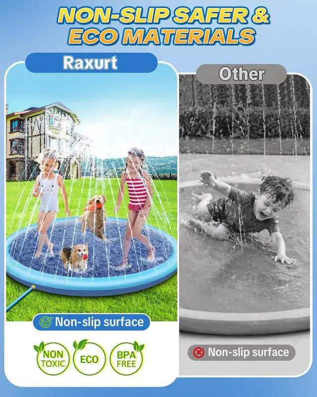 Alt view image 2 of 7 - Raxurt Non-Slip Splash Pad for Kids and Dog, 67'' Splash Pad Thicken 0.58mm for Kids Ages 4-8 Toddler Baby Splash Sprinkler Pad Dog Pool Summer Outdoor Water Toys for Boys Girls