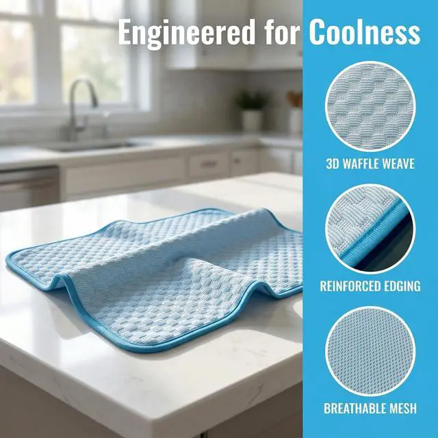 Alt view image 4 of 7 - Fhodigogo Cooling Mat for Dogs, Dog Cooling Pad, 24"x20" Dog Cooling Mat for Small & Medium Pets - Gel Free Ice Silk Self-Cooling Pad, Non-Slip Summer Pet Cooling Mat, Washable Dog Cooling Mat, Blue