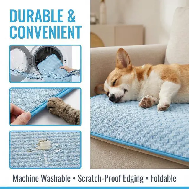 Alt view image 5 of 7 - Fhodigogo Cooling Mat for Dogs, Dog Cooling Pad, 24"x20" Dog Cooling Mat for Small & Medium Pets - Gel Free Ice Silk Self-Cooling Pad, Non-Slip Summer Pet Cooling Mat, Washable Dog Cooling Mat, Blue