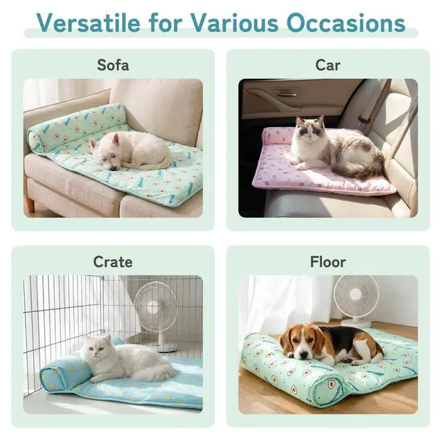 Alt view image 6 of 7 - PUMYPOREITY Cooling Dog Bed, Pet Cooling Mat with Pillow, Ice Silk Cooling Dog Blanket, Self Cooling Pad for Cat,Dog, Washable Summer Pet Mat for Kennel, Crates, Sofa, Floor, Pink, S