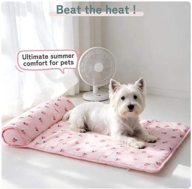 Alt view image 7 of 7 - PUMYPOREITY Cooling Dog Bed, Pet Cooling Mat with Pillow, Ice Silk Cooling Dog Blanket, Self Cooling Pad for Cat,Dog, Washable Summer Pet Mat for Kennel, Crates, Sofa, Floor, Pink, S