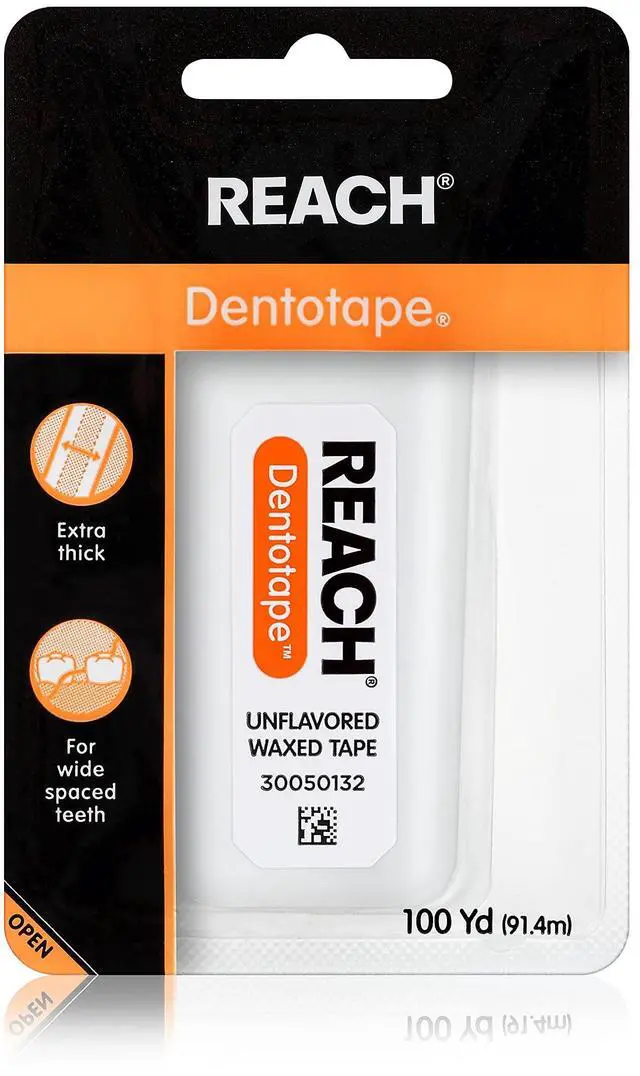 Main image of REACH Dentotape Waxed Dental Floss Tape, Unflavored, Extra Wide Floss, Shred & Frey Resistant, Plaque Remover for Teeth, Easy on Gums & Teeth, Oral Care, PFAS Free, for Adults & Kids, 1 Pack, 100 yd