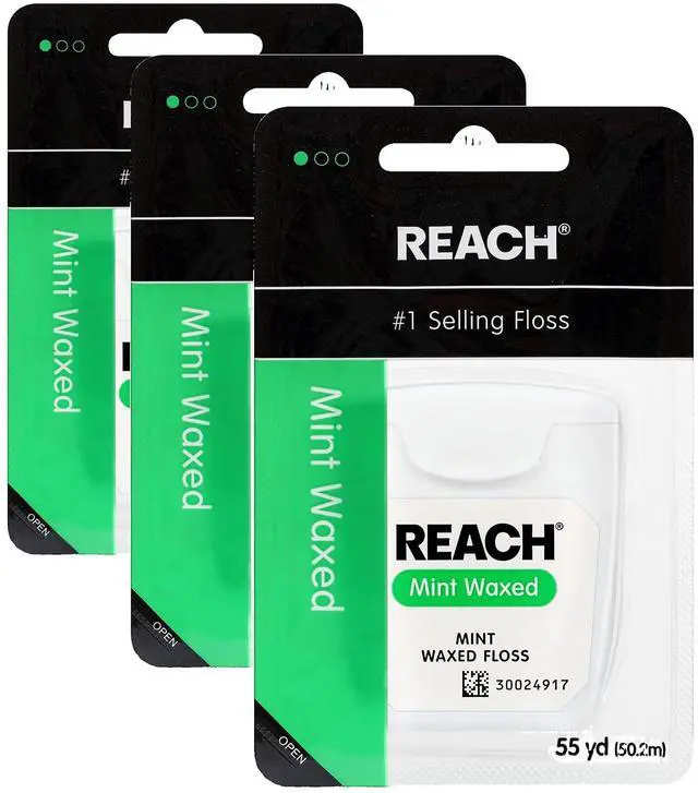 Main image of REACH Waxed Dental Floss, Mint, Plaque Remover for Teeth, Shred Resistant, Floss Slides Smoothly, Easy to Use, Waxed, Deep Cleaning Teeth, Oral Care, PFAS Free, for Adults & Kids, 55 yd,(Pack of 3)