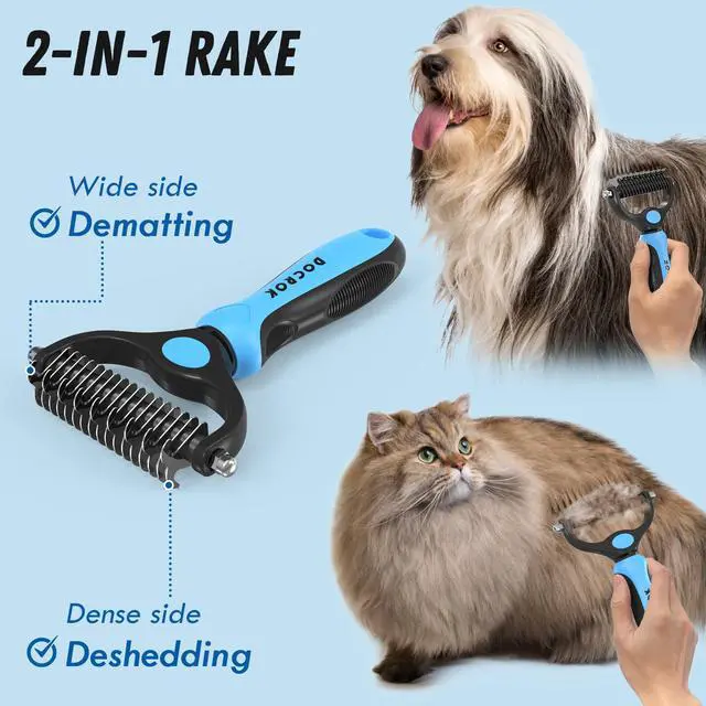 Alt view image 2 of 7 - Docrok Pet Grooming Combo - Blue Deshedding Brush with Metal Comb for Detangling and Dematting Long, Matted Fur on Cats and Dogs