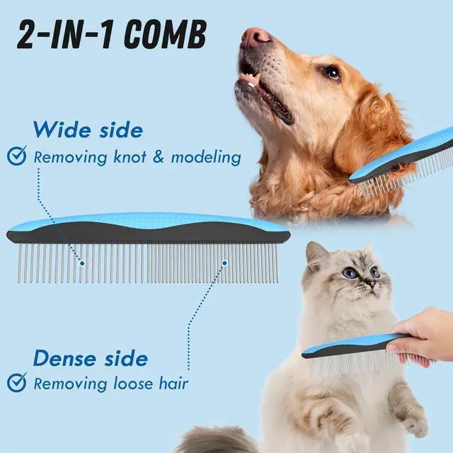 Alt view image 3 of 7 - Docrok Pet Grooming Combo - Blue Deshedding Brush with Metal Comb for Detangling and Dematting Long, Matted Fur on Cats and Dogs