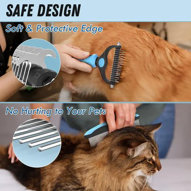 Alt view image 4 of 7 - Docrok Pet Grooming Combo - Blue Deshedding Brush with Metal Comb for Detangling and Dematting Long, Matted Fur on Cats and Dogs