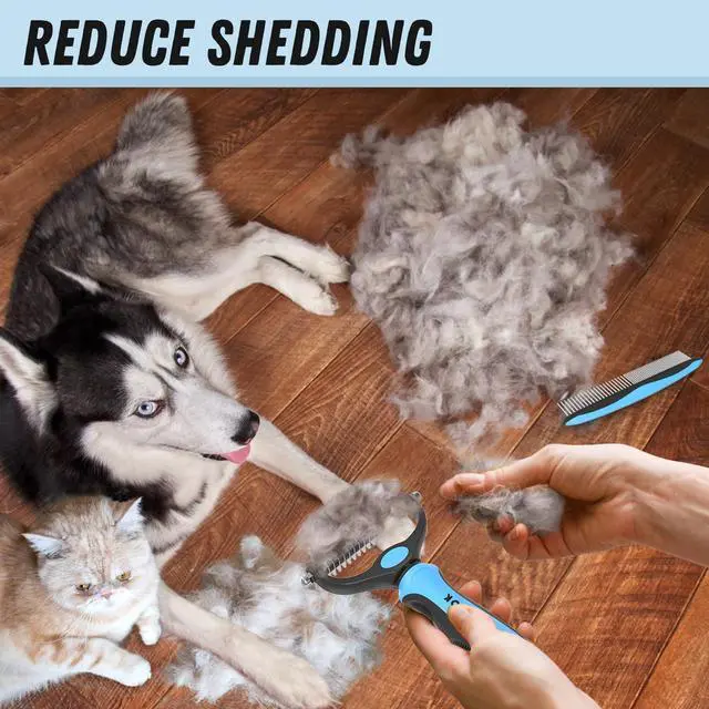 Alt view image 5 of 7 - Docrok Pet Grooming Combo - Blue Deshedding Brush with Metal Comb for Detangling and Dematting Long, Matted Fur on Cats and Dogs