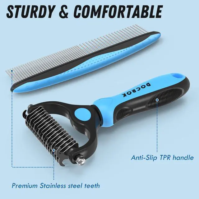 Alt view image 6 of 7 - Docrok Pet Grooming Combo - Blue Deshedding Brush with Metal Comb for Detangling and Dematting Long, Matted Fur on Cats and Dogs