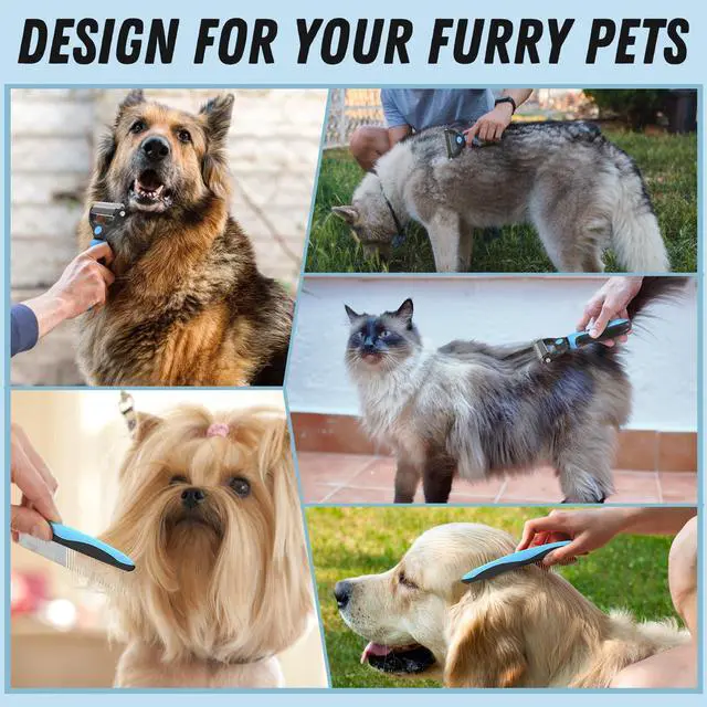 Alt view image 7 of 7 - Docrok Pet Grooming Combo - Blue Deshedding Brush with Metal Comb for Detangling and Dematting Long, Matted Fur on Cats and Dogs