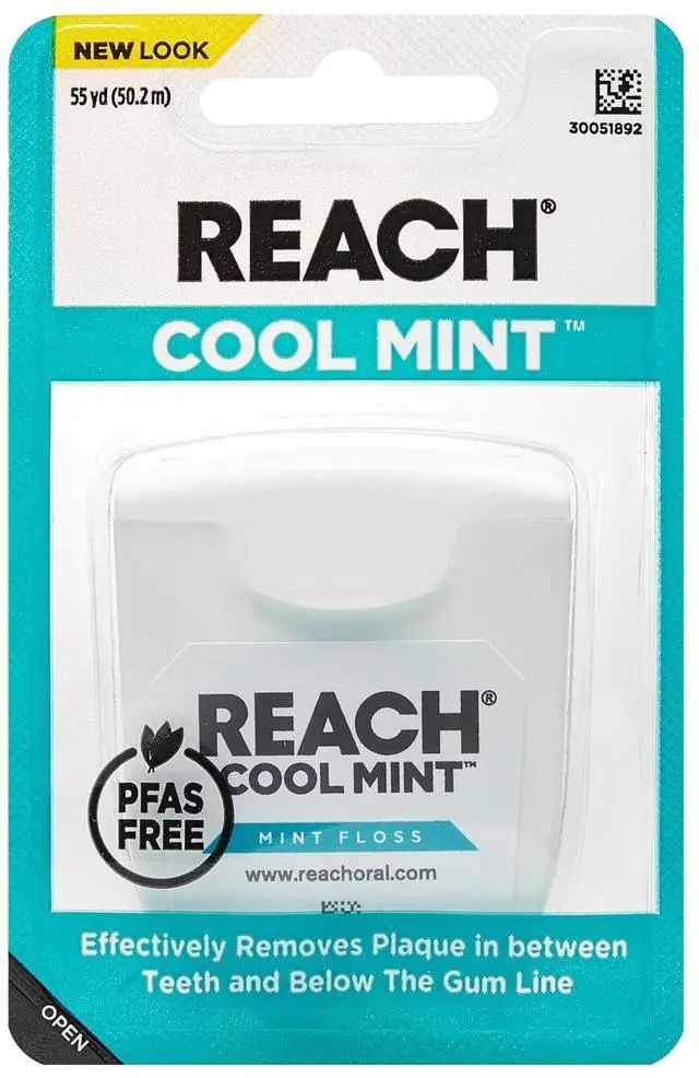 Main image of REACH Cool Mint Dental Floss, Fresh Mint, Plaque Remover for Teeth, Shred Resistant, Waxed, Easy on Gums & Teeth, Fresh Breath, Oral Care, PFAS Free, for Adults & Kids, 1 Pack, 55yd