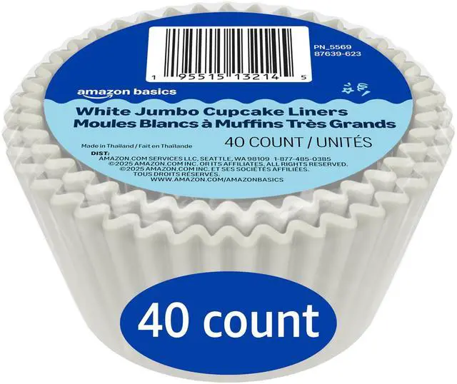 Main image of Amazon Basics White Jumbo Cupcake Liners, 40 Count, Pack of 1