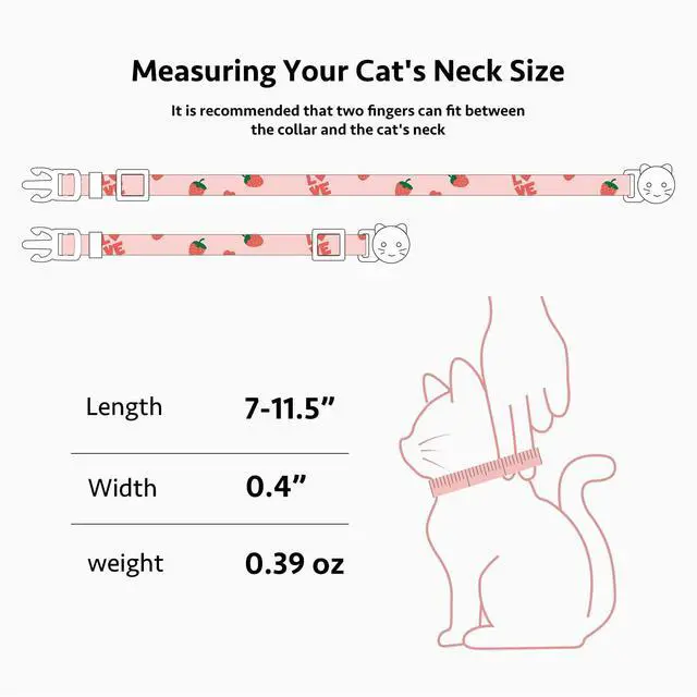Alt view image 3 of 7 - 2 Pack Cotton Breakaway Cat Collar Pink Strawberries and White Heart Shaped Pendant Cute Kitten Cat Collar with Bell