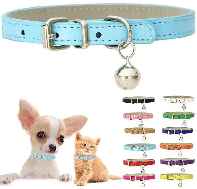 Main image of Blue XXS Dog Collar with Bell, Soft Pu Leather Cat Collars Adjustable Buckle for XS Extra Small Medium Tiny Female Male Boys Girls Pets Puppy Kitten Teacup Yorkie XX-Small