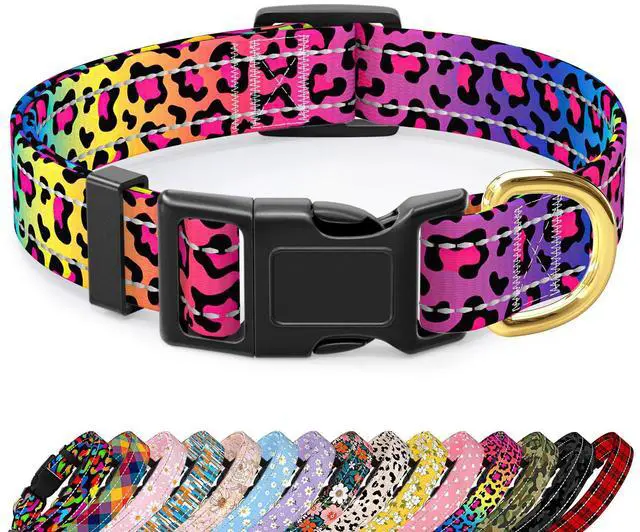 Main image of TMOODEL Reflective Dog Collar for Extra Small Dogs Cats, Cute Leopard Style Adjustable Heavy-Duty Nylon Puppy Collar for Boy and Girl Female, Soft Pet Accessories with Quick Release Buckle, Neon