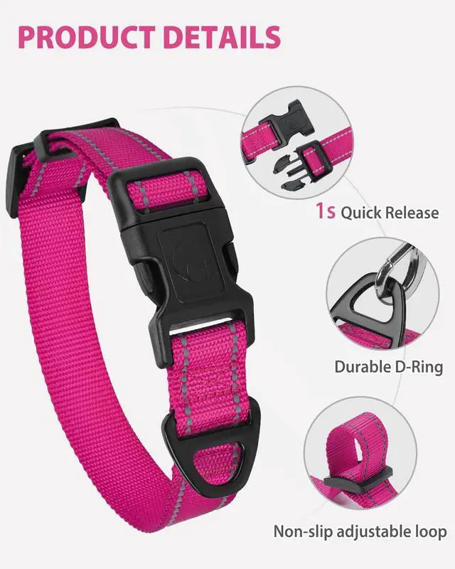 Alt view image 4 of 6 - Joytale Dog Collars for Small Dogs, Feather-Light Double-Sided Reflective Nylon Collar for Night Safety, Adjustable Quick-Release for Growing Puppies, Hotpink, S (5/8" Width)