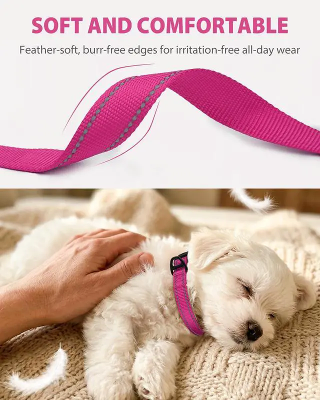 Alt view image 3 of 6 - Joytale Dog Collars for Small Dogs, Feather-Light Double-Sided Reflective Nylon Collar for Night Safety, Adjustable Quick-Release for Growing Puppies, Hotpink, S (5/8" Width)