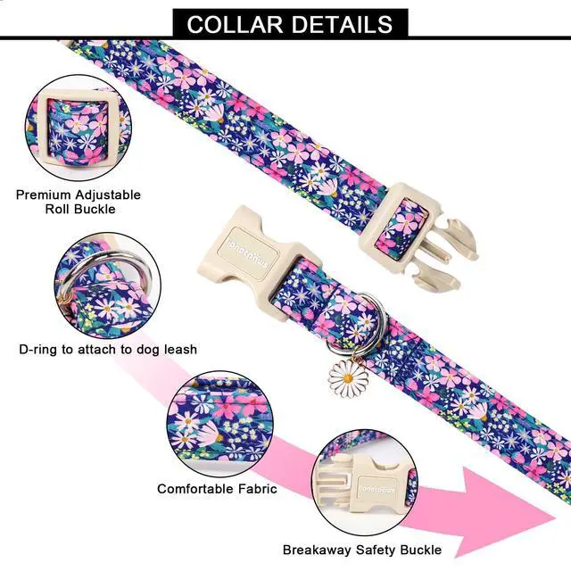 Alt view image 2 of 6 - Lionet Paws Floral Dog Collar- Cute Spring Wildflowers Daisy Fleabane Dog Collars with Plastic Buckle, Light Adjustable Dog Collars for Small Medium Dogs