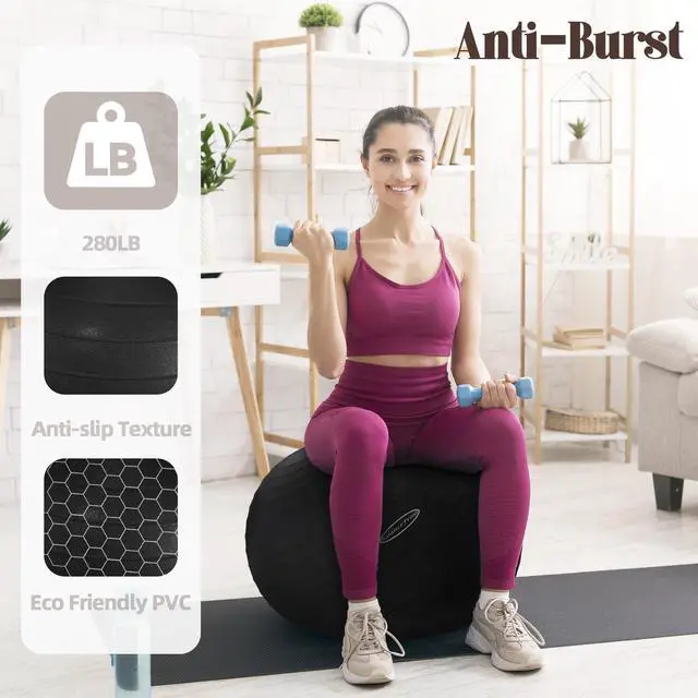 Alt view image 4 of 7 - Fitvids Anti-Burst and Slip Resistant Exercise Ball Yoga Ball Fitness Ball Birthing Ball with Quick Pump, 2,000-Pound Capacity, Black, 19-22 inch, M