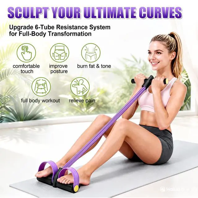 Alt view image 2 of 7 - Wysperix Multifunction Foot Pedal Resistance Bands with Handles, 6-Tube Elastic Yoga Exercise Bands, Home Gym Fitness Equipment for Women & Men to Tone Abs, Core, Legs, Arms, WaistBlack-Purple