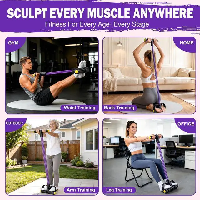 Alt view image 5 of 7 - Wysperix Multifunction Foot Pedal Resistance Bands with Handles, 6-Tube Elastic Yoga Exercise Bands, Home Gym Fitness Equipment for Women & Men to Tone Abs, Core, Legs, Arms, WaistBlack-Purple