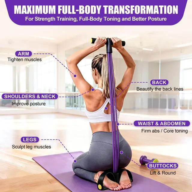 Alt view image 4 of 7 - Wysperix Multifunction Foot Pedal Resistance Bands with Handles, 6-Tube Elastic Yoga Exercise Bands, Home Gym Fitness Equipment for Women & Men to Tone Abs, Core, Legs, Arms, WaistBlack-Purple