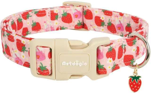 Main image of Astdogio Pink Dog Collar for Small Dogs, Cute Dog Collars Girl Puppy Collar with Strawberry Pattern, Adjustable Cotton Pink Collar Ideal, Daily Photos & Pet Fashion
