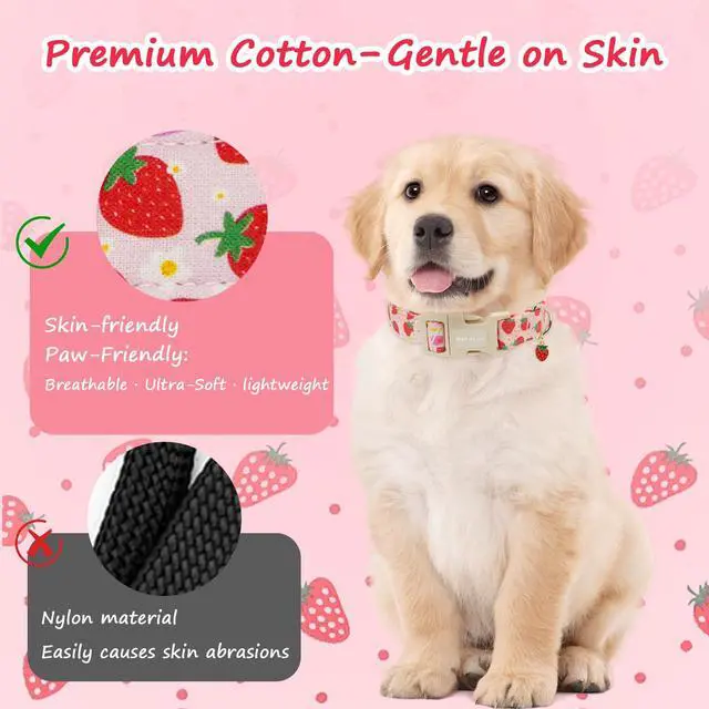 Alt view image 5 of 7 - Astdogio Pink Dog Collar for Small Dogs, Cute Dog Collars Girl Puppy Collar with Strawberry Pattern, Adjustable Cotton Pink Collar Ideal, Daily Photos & Pet Fashion