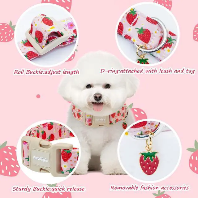 Alt view image 4 of 7 - Astdogio Pink Dog Collar for Small Dogs, Cute Dog Collars Girl Puppy Collar with Strawberry Pattern, Adjustable Cotton Pink Collar Ideal, Daily Photos & Pet Fashion