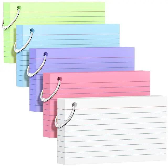 Main image of 250 Count Colored Index Cards 3x5 Inch with Key Ring, 180gsm Heavy Weight Flash Cards 5 Color (50 Sheets Each) Portable Note Taking for Students, Teachers, Study Note Cards for Office School Supplies